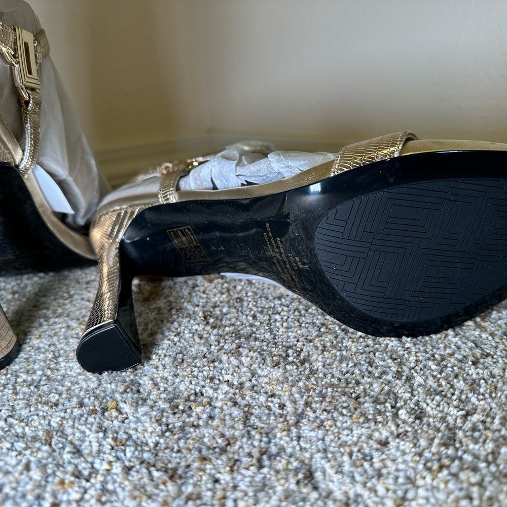 Karl Lagerfeld Cybil Evening Metallic Gold High Heel Sandals with Buckle Strap - Picture 6 of 11